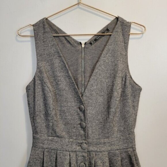 Zara | Button Front V Neck Sleeveless Key Hole Back Tweed Dress Gray - Picture 8 of 8